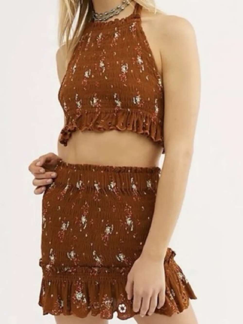 Free People Miss Louise Set Smocked Rust Floral Sz XS